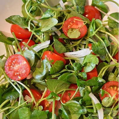 Foto de ensalada Mix  de lechugas, berro y tomates cherry en etiqueta de producto